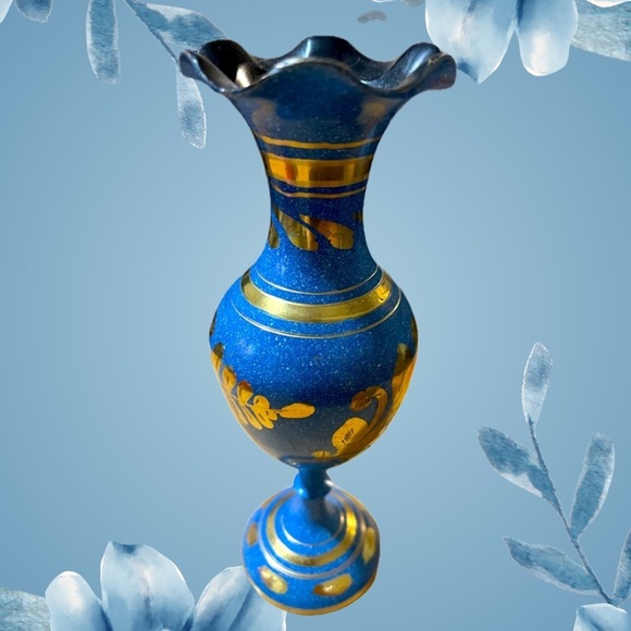 Other - Vintage Blue Enameled Brass Bud Vase w/ etched florals and ruffled opening